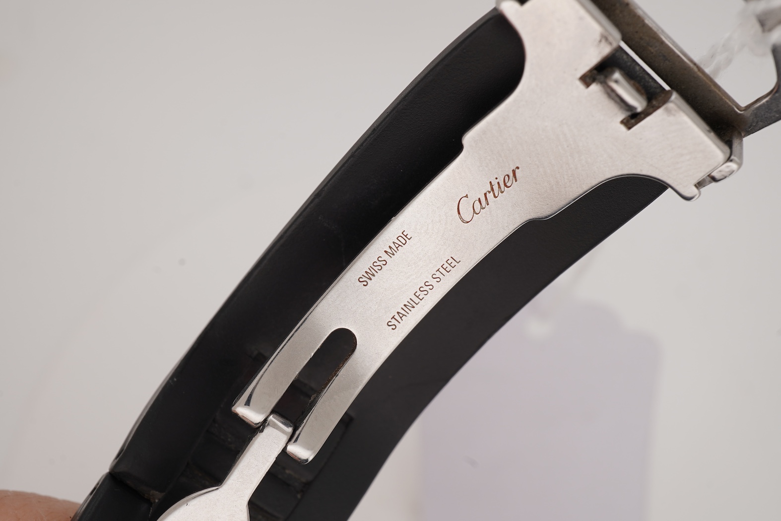 A gentleman's stainless steel Cartier 21 Chronoscaph wrist watch, the black face with three subsidiary dials, date aperture and baton numerals